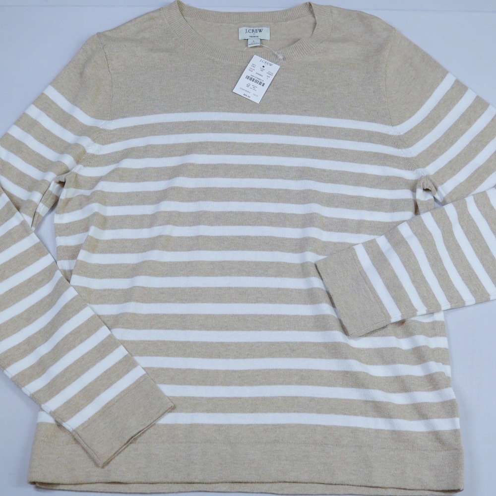 J.Crew Teddie Sweater Womens Large Tan White Striped Cotton Crewneck Coastal NWT - Picture 12 of 12